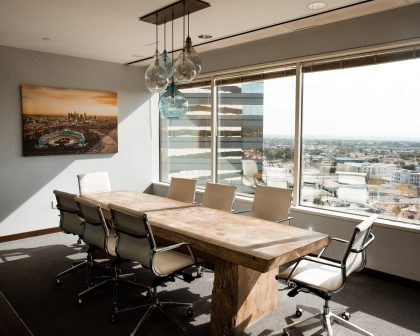 Warm-toned office boardroom.